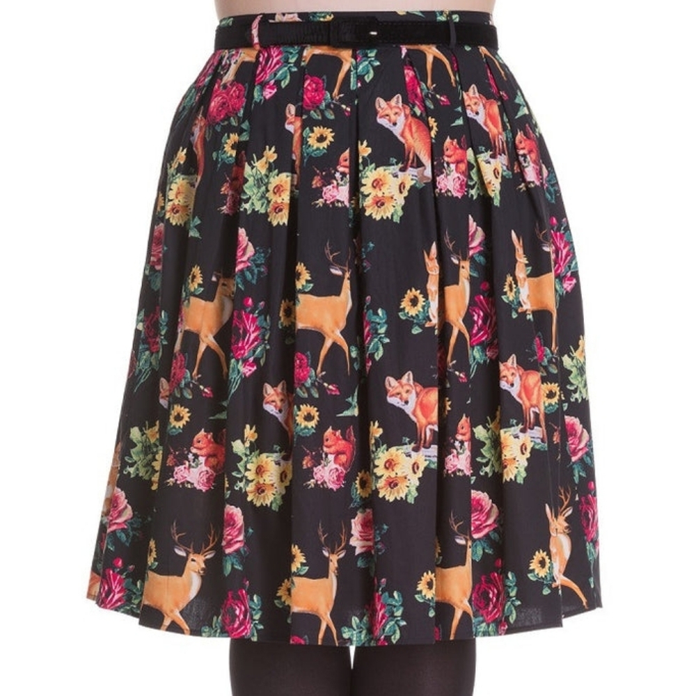Hell Bunny Black A-Line Skirt with Floral and Animal Motif Size Small